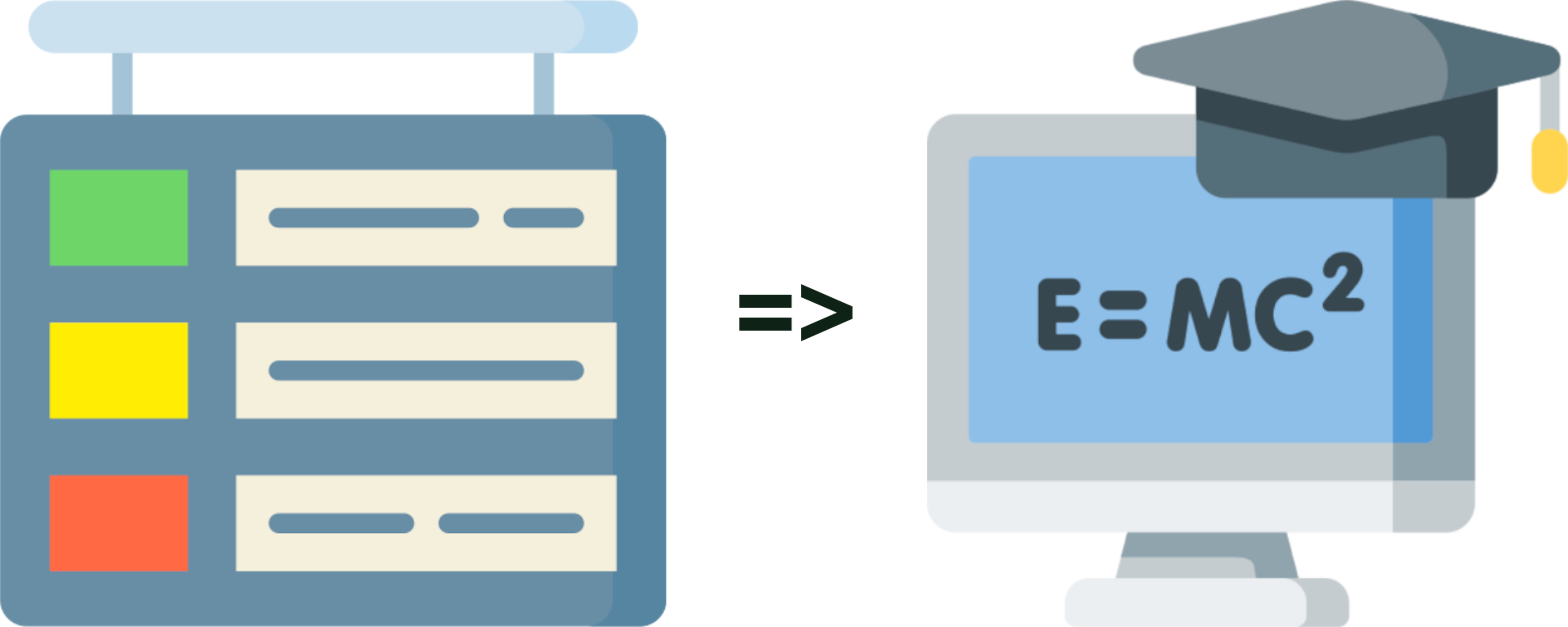 On the left is a panel with the three traffic light colours and on the right a computer with a scientific formula and a university sign.